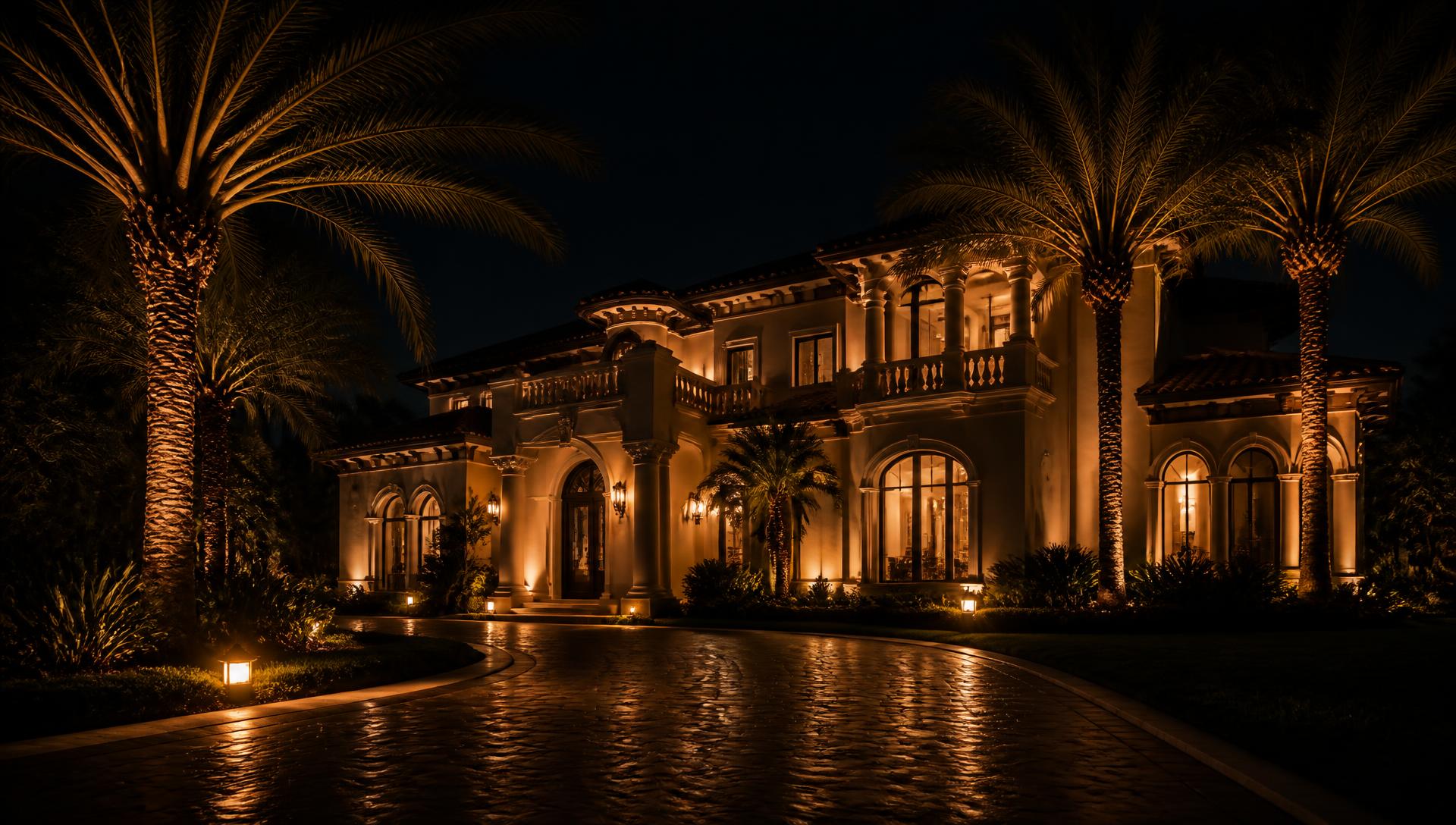 Mediterranean estate in South Florida at night with warm amber facade lighting and uplit palms
